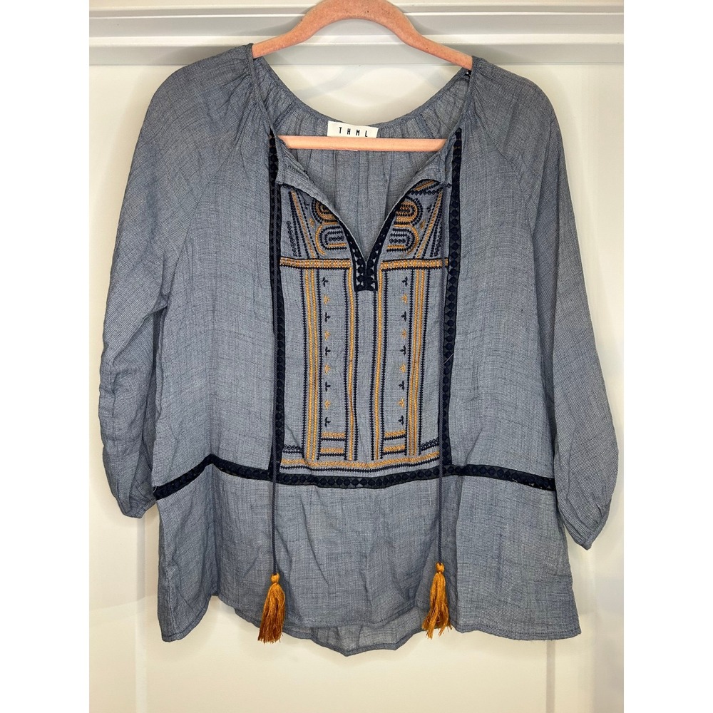 THML‎ Anthropologie Blue Embroidered Peasant Hippie Tassel Top Womens Small Boho